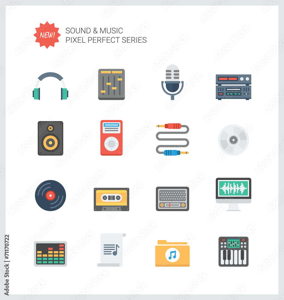 Pixel perfect sound flat icons set Pixel perfect sound flat icons set