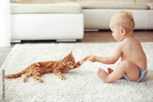 Toddler playing with cat photo