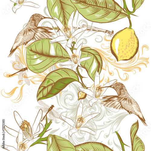 Floral seamless pattern with hand drawn lemon flowers and hummin