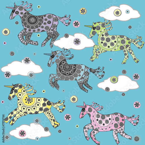Wallpaper Mural Cute background with cartoon unicorns in the clouds Torontodigital.ca