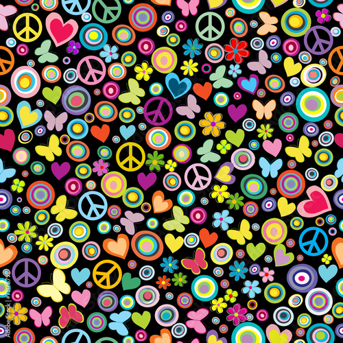 Seamless pattern of flowers, circles, hearts, butteflies and pea