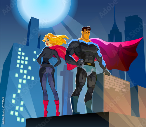 superheroes on a skyscraper roof