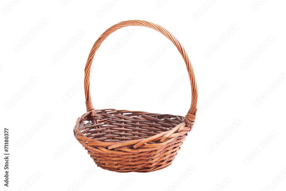 Old dusty wicker basket isolated on white background