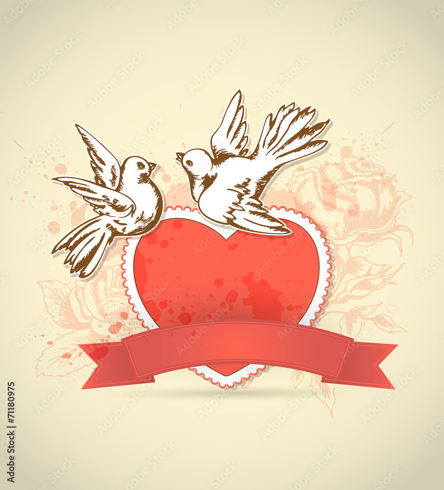 Vintage card with red heart and dove - obrazy, fototapety, plakaty 