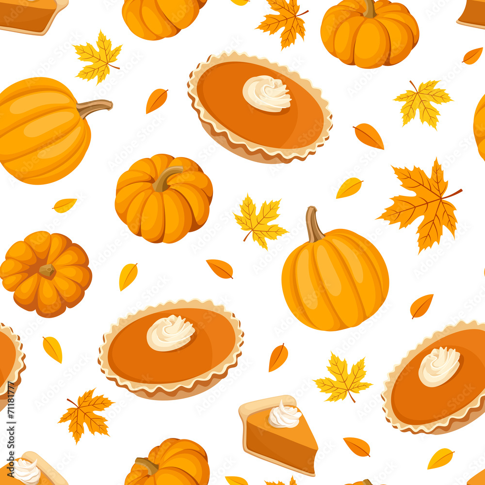 Naklejka premium Seamless pattern with pumpkin pies and pumpkins. Vector.