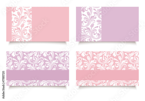 Pink and purple business cards with floral patterns. Vector.