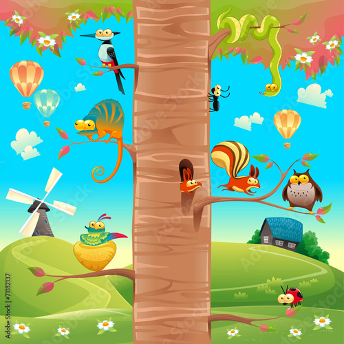 Funny animals on branches.