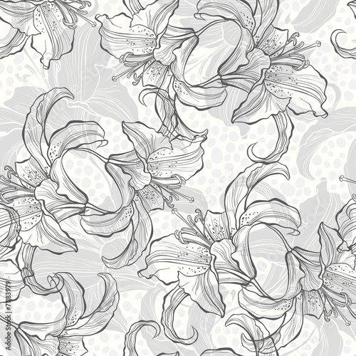 Fototapeta Naklejka Na Ścianę i Meble -  Monochrome seamless pattern with lilies.