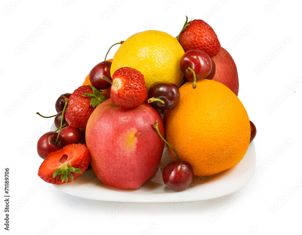 strawberries, cherry, apple, orange and lemon