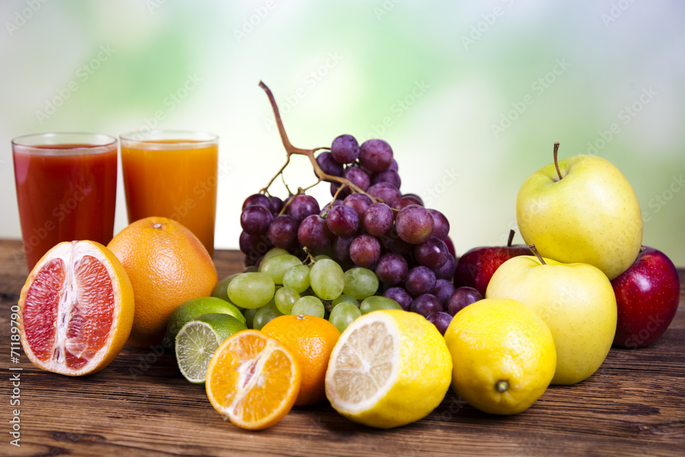 Fruits, vegetables, fruit juices, vegetable juices, healthy food