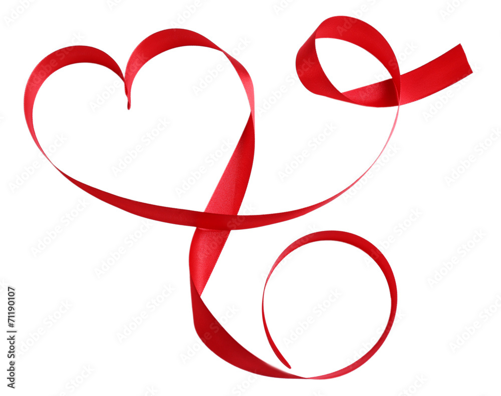 Heart shaped shiny red satin ribbon isolated on white