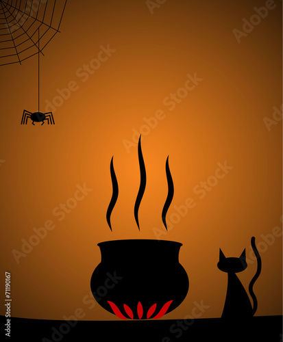 Halloween cauldron silhouette with cat and spider