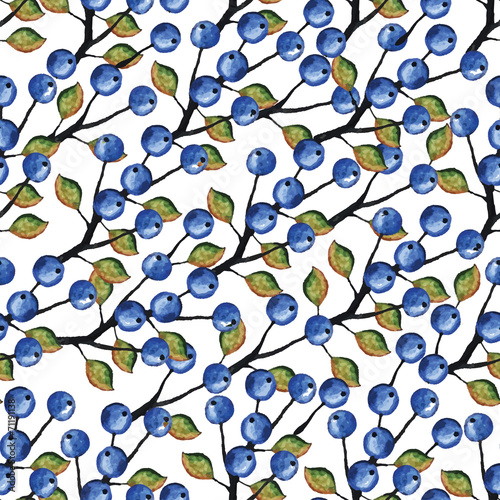 Fototapeta Naklejka Na Ścianę i Meble -  Vector Watercolor Blueberries branches seamless pattern