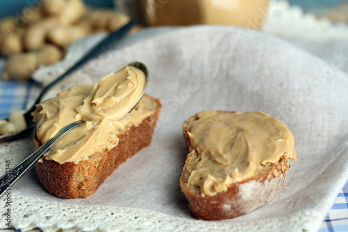 Tasty sandwiches with fresh peanut butter, close up