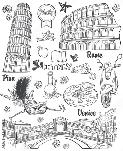 Italy, architecture, food, transportation, items. black contour