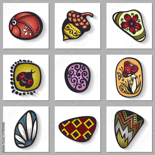 Vector Set of Ornate Pebbles with Long Shadow, Patterned design