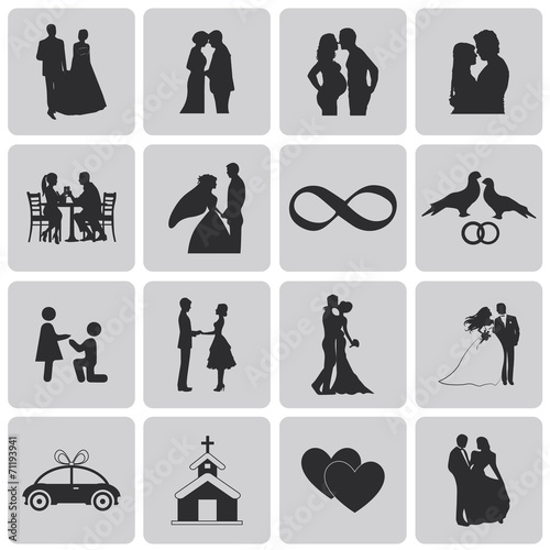 Wedding, marriage, bridal icon set. Black Vector Illustration ep