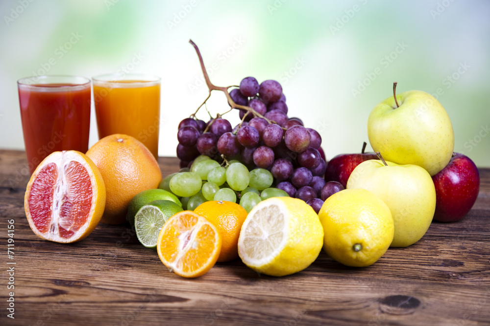 Fruits, vegetables, fruit juices, vegetable juices, healthy food