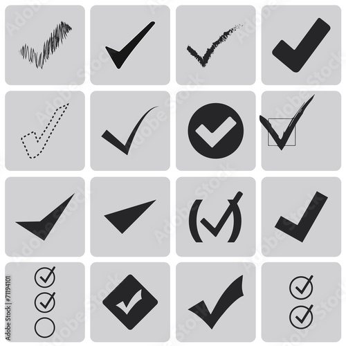 Set of different grey vector check marks or ticks in boxes Black