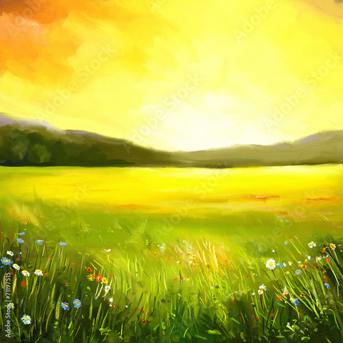 Autumn sundown landscape painting