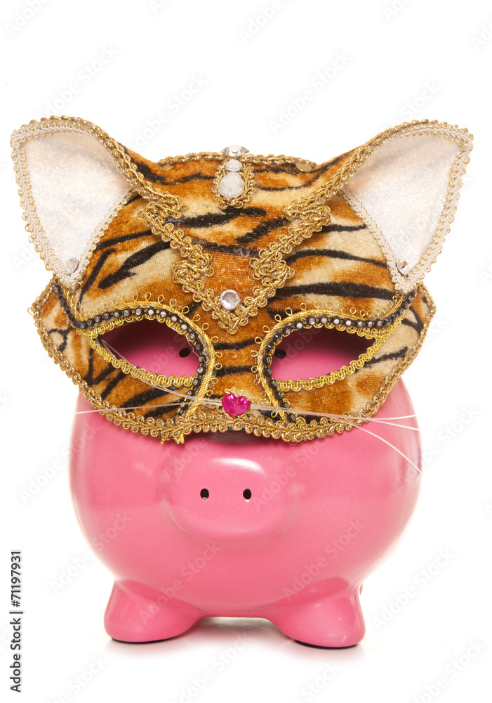 Naklejka premium piggy bank wearing tiger masquerade mask