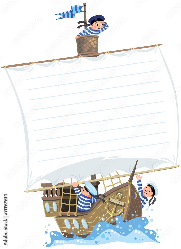 Fototapeta premium Banner with ship and happy sailors