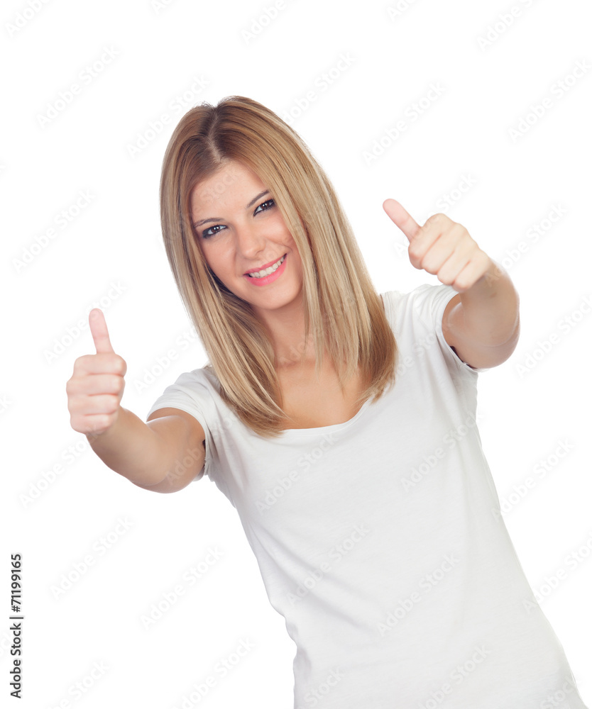 Attractive blond girl saying Ok