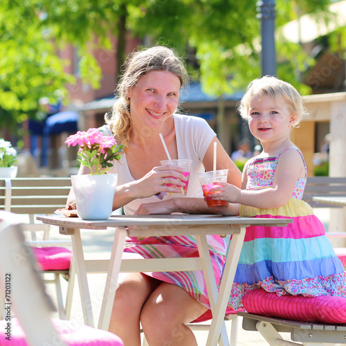 Mother and little daughter relaxing in cafe