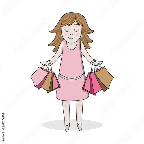 isolated girl in pink dress with sale bags