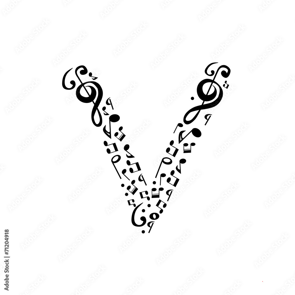 Abstract vector alphabet - V made from music notes - alphabet se