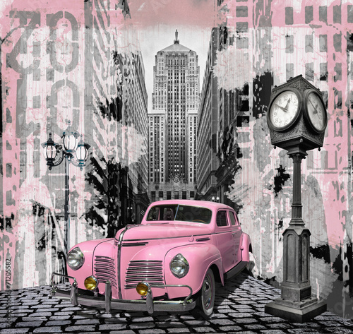 Plakat Vintage różowy auto