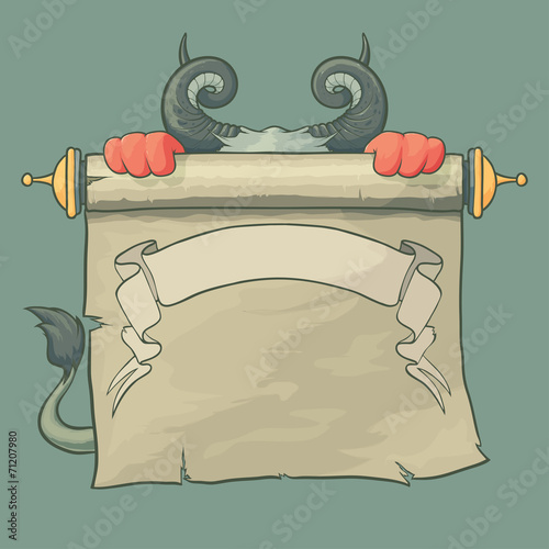 Cartoon Devil with horns and tail holds up a Contract