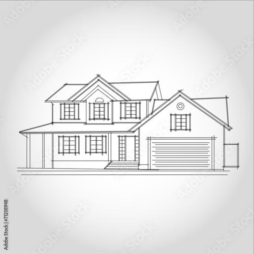 3D rendering wire-frame of house. White background.