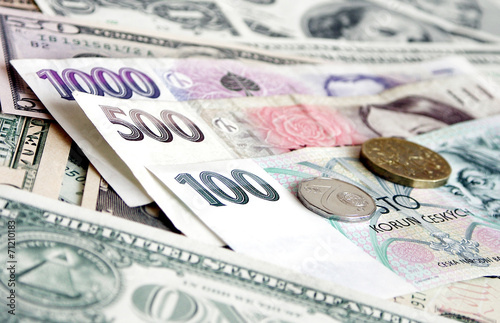 heap of dollars with Czech Krone, money background