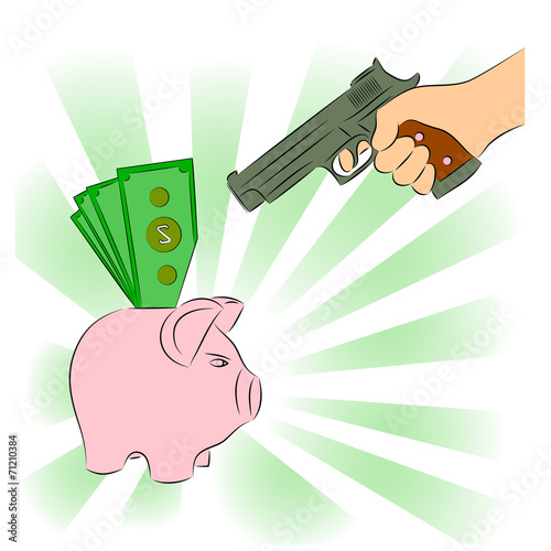 Man pointing a gun at a piggy bank