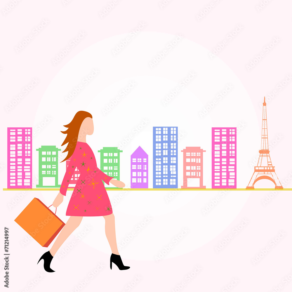 young woman walking with shopping bag in city. young woman walking with shopping bag in city.