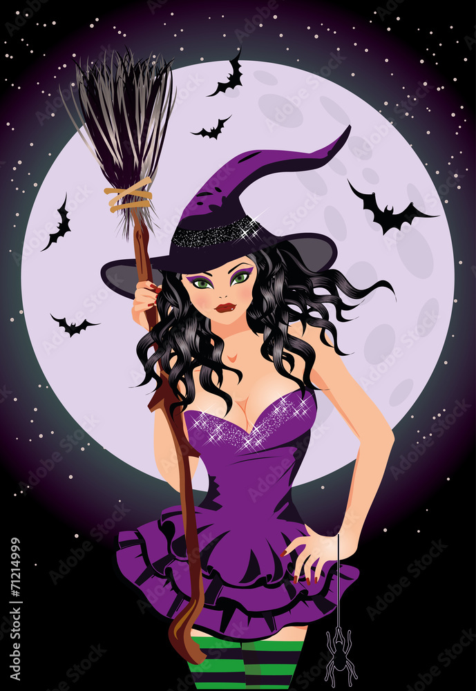 Plakat Happy Halloween. Sexy night witch with broomstick, vector