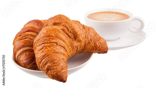 Croissant Blätterteig gebacken und Cappuccino Kaffee Frühstück französisch