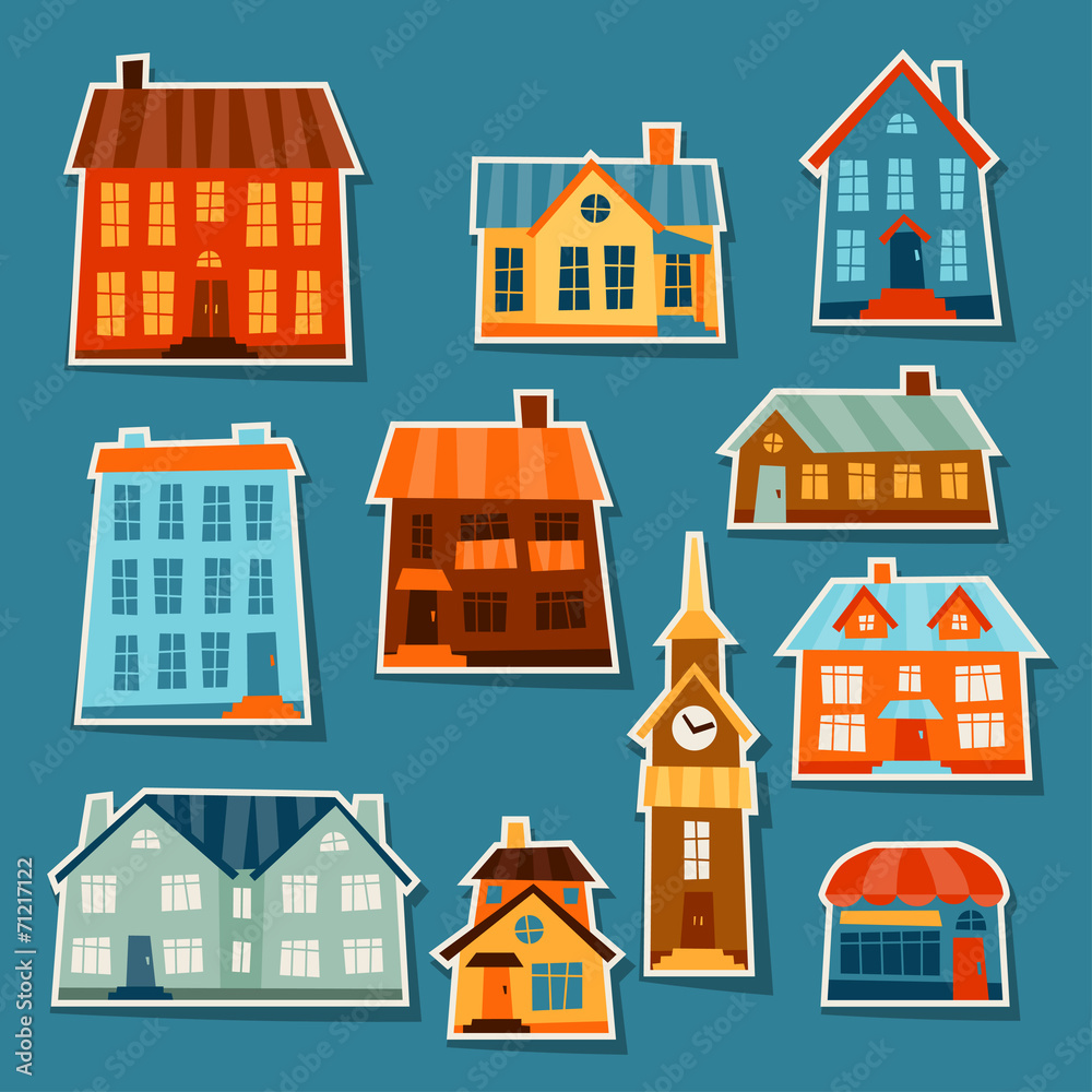 Town icon set of cute colorful houses.