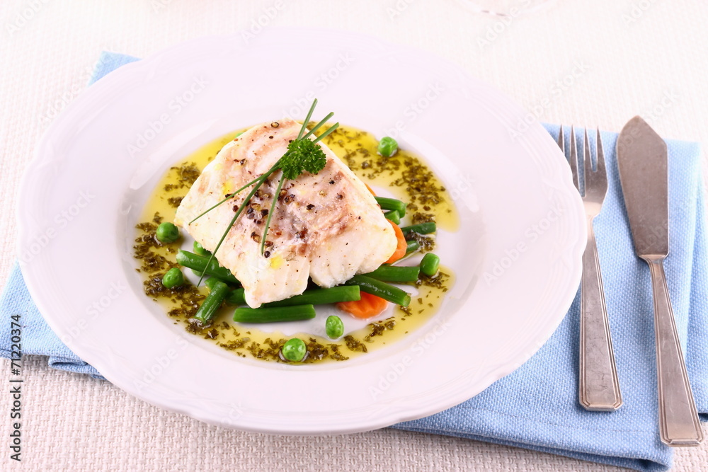 Cod fillet with green beans, peas, parsley, olive oil Cod fillet with green beans, peas, parsley, olive oil