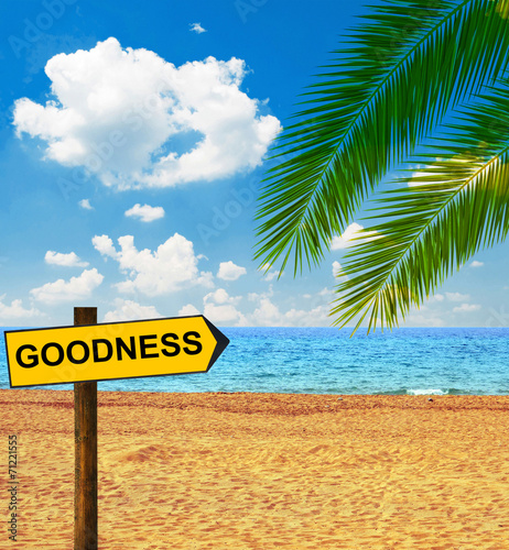 Tropical beach and direction board saying GOODNESS