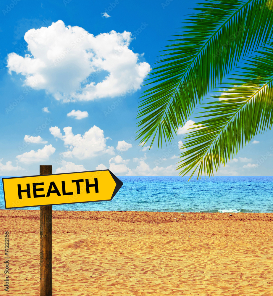Naklejka premium Tropical beach and direction board saying HEALTH