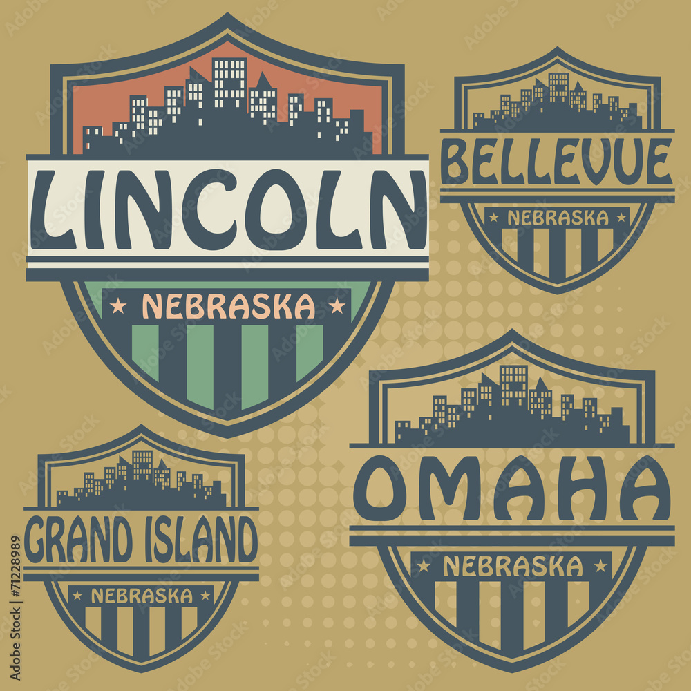 Label set with names of Nebraska cities, vector