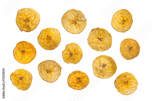 Platano plantain chips on white background