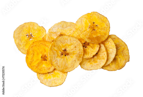 Platano plantain chips on white background photo