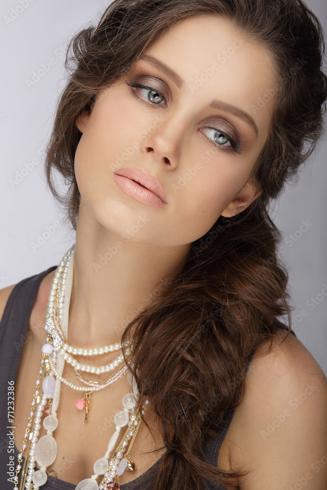 Natural Brunette with Pearly Necklace with Beads