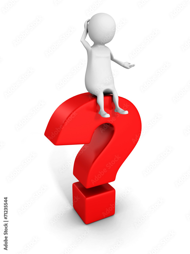 confused 3d man sitting on red question mark confused 3d man sitting on red question mark