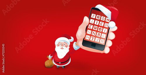 Weihnachtsmann zeigt Smartphone Schrift aus Apps