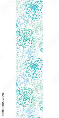 Vector blue line art flowers vertical border seamless pattern
