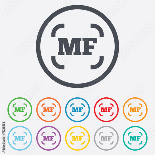 Manual focus photo camera sign icon. MF Settings